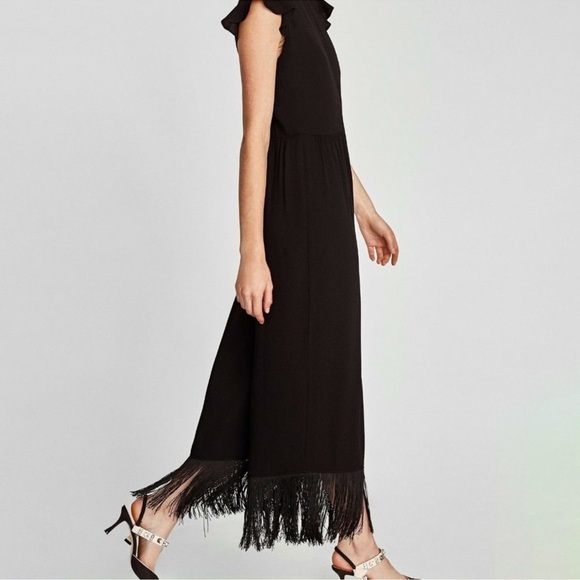 Zara Black Wide Leg Fringe Jumpsuit Size Medium Southwestern Whimsy Goth - Picture 2 of 15